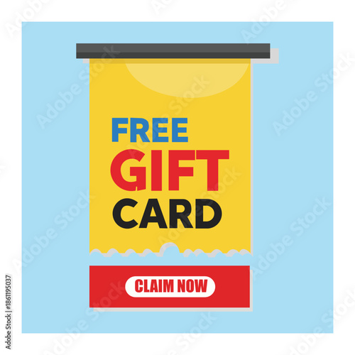 A colorful illustration of a free gift card offer with a claim now button
