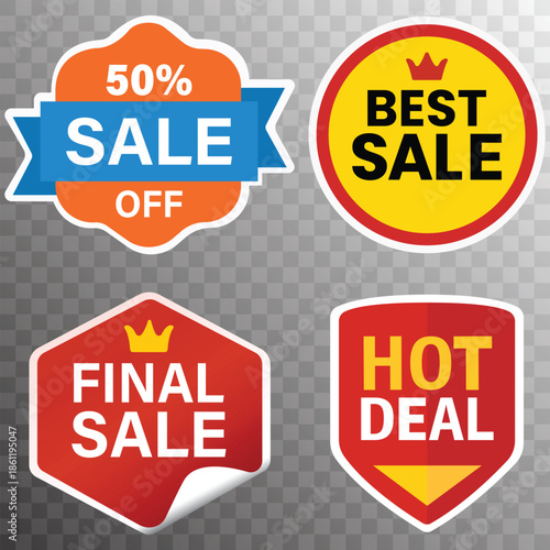 A collection of colorful sale stickers on a transparent background