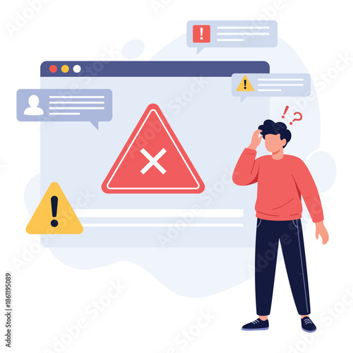 A worried man stands in front of a computer screen with warning signs and error messages