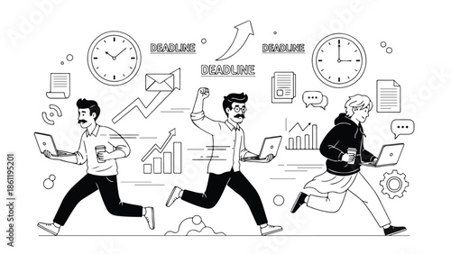 Line art illustration of stressed business people running with laptops against a looming deadline