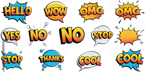 A colorful collection of comic book speech bubbles with various expressions