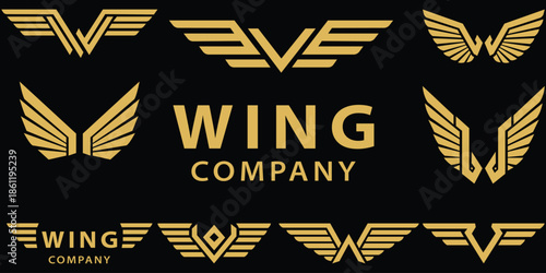 A collection of golden wing logos for a company on a black background