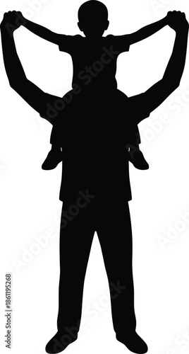 Father holding child on shoulders silhouette, family bonding moment, happy parenting concept, isolated black human figures on white background illustration