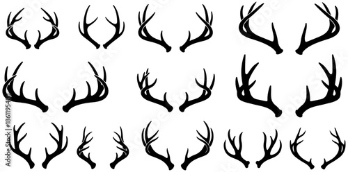 A collection of black antler silhouettes arranged in rows on a white background