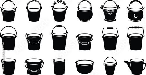 Black Bucket Icon Set, Plastic Pail Silhouettes, Cleaning Equipment Collection, Gardening Tool Symbols, Water Container Graphics, Vector Industrial Household Bucket Outlines,