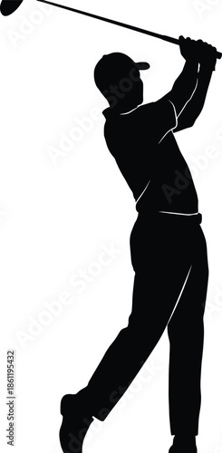 Golfer silhouette swinging club during drive shot, professional golf sport action pose, isolated black athlete figure on white background illustration