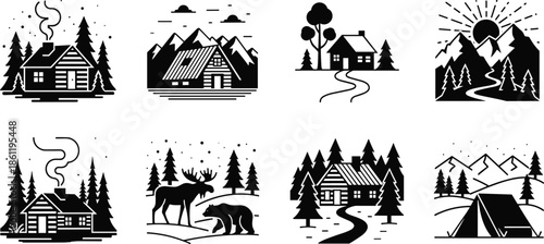 Mountain Cabin Icon Set, Rustic Log Hut Silhouettes, Pine Tree Forest Landscapes, Wild Moose and Bear, Camping Tent, Nature Wilderness Illustrations,
