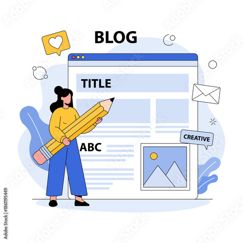 A creative woman writing a blog post on her computer with a large pencil