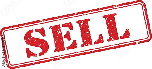 A prominent red stamp with the word sell boldly displayed within a rectangular border isolated on white