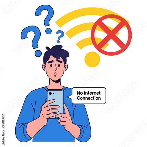 A cartoon man looks concerned while holding his phone with a 'No Internet Connection' message on the screen