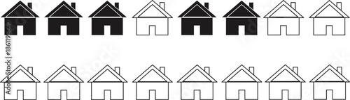Set of black and white house silhouettes arranged in rows for real estate ratings, neighborhood community concepts, and residential property