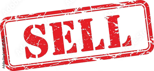 A striking red rubber stamp boldly proclaiming the word sell is presented on a clean white background