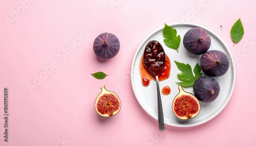 Vibrant image fresh figs, jam on spoon and plate, green leaves, pink background