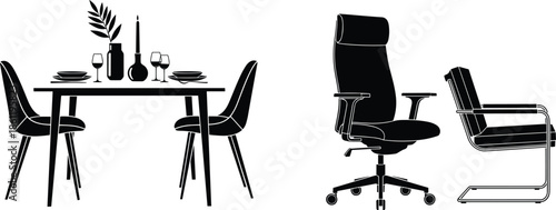 WebBlack silhouette furniture set featuring a decorated dining table with chairs, an ergonomic office chair, and a modern cantilever armchair, vector