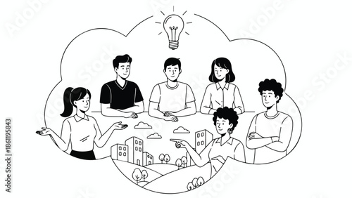 Minimalist Line Art Vector Illustration of Group Brainstorming New Business Ideas