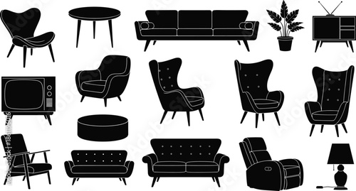 Black silhouette vector icon set of mid century modern furniture including sofas, chairs, retro television, lamp, table, and indoor plant,
