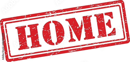 A vibrant red stamp boldly displays the word home in large white distressed lettering on a white background