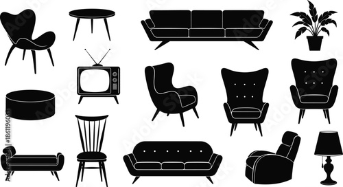 Black silhouette vector icon set of mid century modern furniture including sofas, chairs, retro television, lamp, table, and indoor plant,