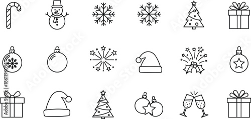 Christmas icons set including gifts, trees, and festive symbols