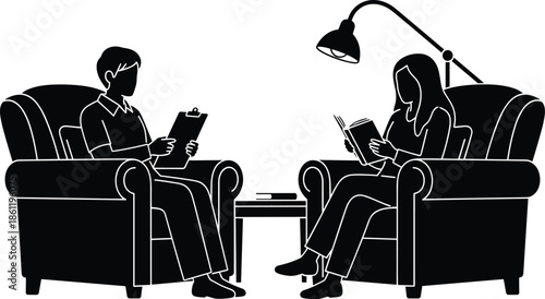 Vector silhouette illustration of a professional therapist taking notes during a mental health counseling session with a woman reading book,