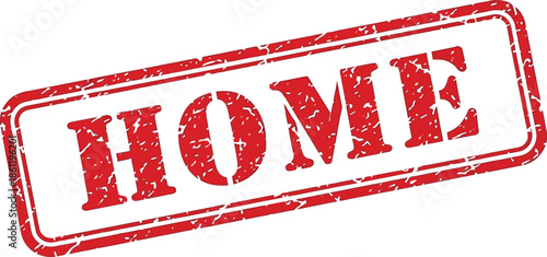 A red grunge stamp displaying the word home in bold capital letters against a white background