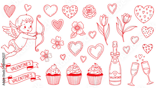 Hand-drawn red sketch collection of Valentine's Day elements including Cupid, hearts, flowers, cupcakes, and champagne.
