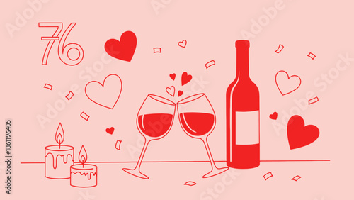 Monochromatic red illustration of two wine glasses toasting with a bottle, candles, hearts, confetti, and the number 76, celebrating an anniversary.