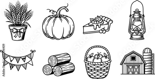 Autumn harvest icon set, farming season illustration, black white fall graphics, pumpkin apple basket, lantern pie barn, rustic decor symbols