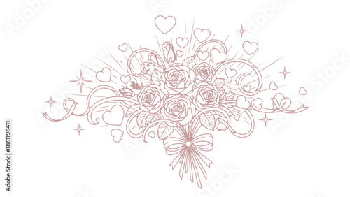 Elegant line art illustration of a romantic rose bouquet adorned with hearts, ribbons, and decorative swirls, perfect for celebrations and love themes.