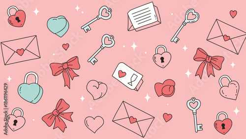 Cute hand-drawn Valentine's Day pattern with hearts, keys, locks, envelopes, and bows on a pink background, perfect for romantic designs.