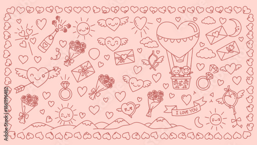 A charming and intricate pink background pattern filled with various outline doodles celebrating love, romance, and Valentine's Day, featuring hearts, flowers, balloons, and sweet motifs.