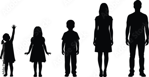 Human growth stages silhouette illustration, child girl boy teen adult progression, family age development comparison isolated on white background