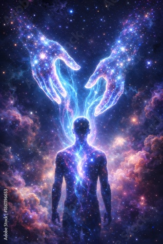 Spiritual enlightenment: Human silhouette as part of the starry sky and universe