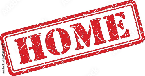 A distressed red rubber stamp displaying the word home isolated on a clean white background signifying residence