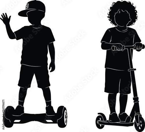 Kids silhouette riding scooter and hoverboard, children outdoor activity concept, modern urban transport illustration isolated on white background