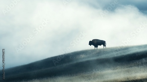Majestic bison stands on a misty hill.