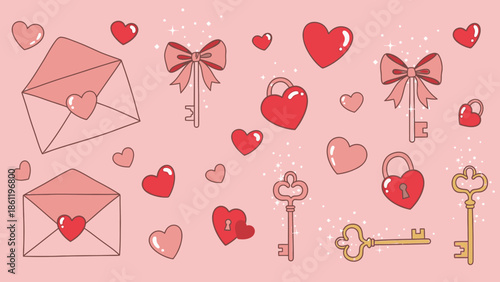 Cute pink background with various romantic elements like hearts, envelopes, keys, locks, and bows, perfect for Valentine's Day designs.
