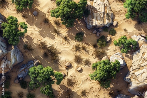 Arid canyon with rocky ground and small bushes. Dry area shows cliffs and pebbles in sunny weather. Scenic view captures desert wilderness.