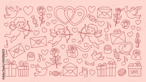 Valentine's Day icons and symbols in red on a pink background.
