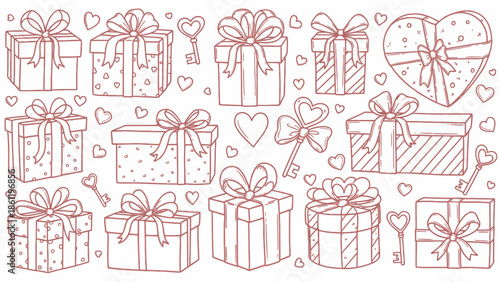 Collection of Hand Drawn Gift Boxes and Hearts.