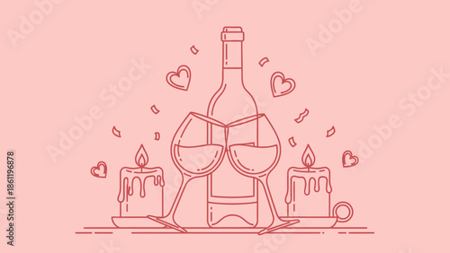 Romantic dinner setup with wine and candles illustration.