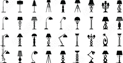 Collection of stylish lamps and lighting fixtures in black silhouette