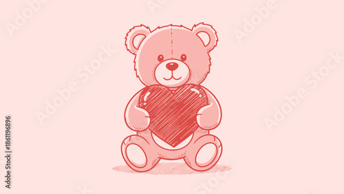 Cute teddy bear holding a heart, illustration for Valentine's Day.