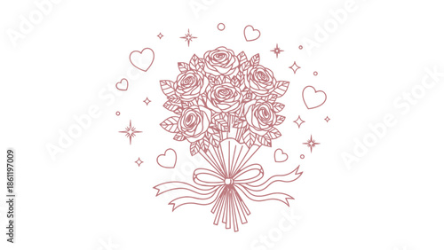 A detailed line art illustration of a rose bouquet with a ribbon, surrounded by hearts and stars, symbolizing love and celebration.