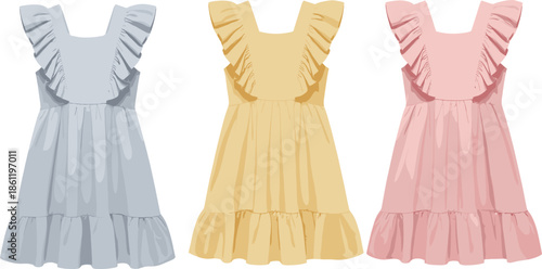 Set of three flat vector illustrations of girls summer dresses with ruffle sleeves and tiered skirts in pastel color palette.