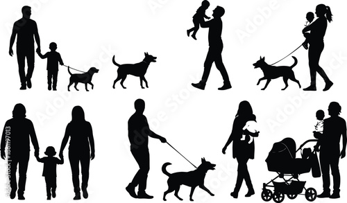 Silhouettes of diverse families walking dogs, carrying babies, and pushing strollers in a park setting, isolated on a white background.