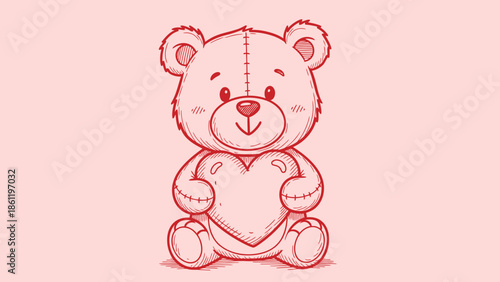 Cute red teddy bear sketch holding a heart on a pink background, symbolizing love and affection.