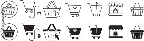 Shopping cart icon set. E-commerce and online purchase symbols. retail, web store, delivery, sales promotion, and cust