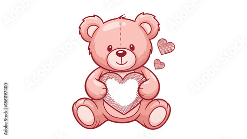 A cute pink cartoon teddy bear holding a large heart with smaller hearts floating nearby, symbolizing love and affection.