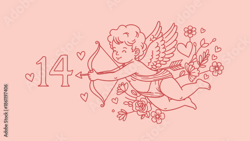 Detailed line art illustration of a smiling Cupid with wings, bow, and arrow, surrounded by hearts and flowers, aiming at the number 14, on a pink background, symbolizing Valentine's Day.